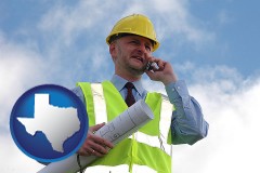 texas map icon and an architect with blueprints, conversing on a cellular phone