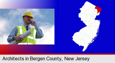 an architect with blueprints, conversing on a cellular phone; Bergen County highlighted in red on a map