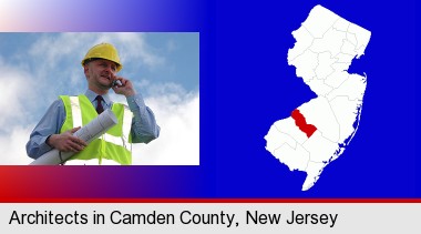 an architect with blueprints, conversing on a cellular phone; Camden County highlighted in red on a map