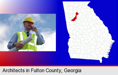an architect with blueprints, conversing on a cellular phone; Fulton County highlighted in red on a map