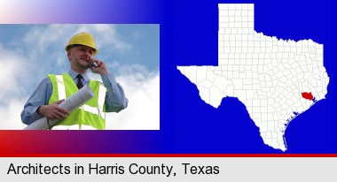 an architect with blueprints, conversing on a cellular phone; Harris County highlighted in red on a map