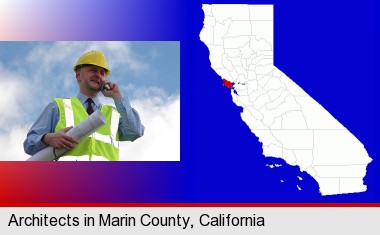 an architect with blueprints, conversing on a cellular phone; Marin County highlighted in red on a map