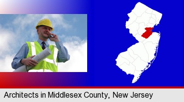 an architect with blueprints, conversing on a cellular phone; Middlesex County highlighted in red on a map