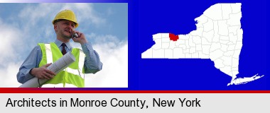 an architect with blueprints, conversing on a cellular phone; Monroe County highlighted in red on a map