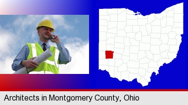 an architect with blueprints, conversing on a cellular phone; Montgomery County highlighted in red on a map