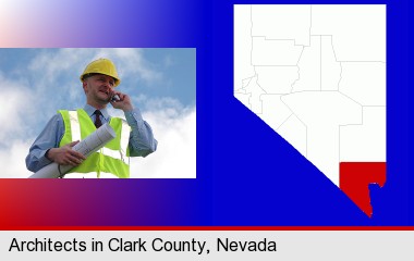 an architect with blueprints, conversing on a cellular phone; Clark County highlighted in red on a map