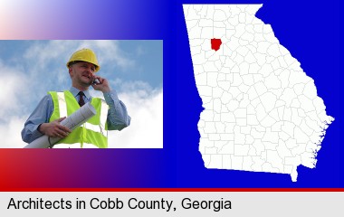 an architect with blueprints, conversing on a cellular phone; Cobb County highlighted in red on a map