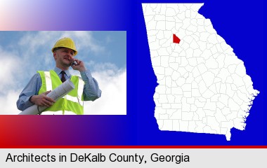 an architect with blueprints, conversing on a cellular phone; DeKalb County highlighted in red on a map