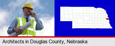 an architect with blueprints, conversing on a cellular phone; Douglas County highlighted in red on a map