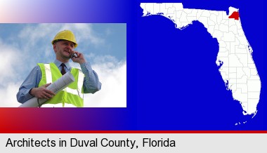 an architect with blueprints, conversing on a cellular phone; Duval County highlighted in red on a map