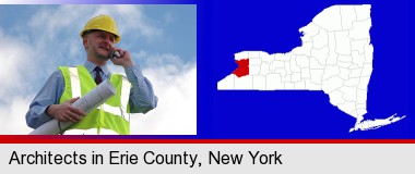 an architect with blueprints, conversing on a cellular phone; Erie County highlighted in red on a map