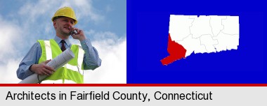 an architect with blueprints, conversing on a cellular phone; Fairfield County highlighted in red on a map