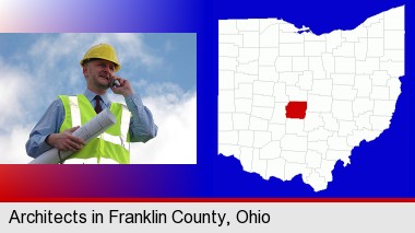 an architect with blueprints, conversing on a cellular phone; Franklin County highlighted in red on a map