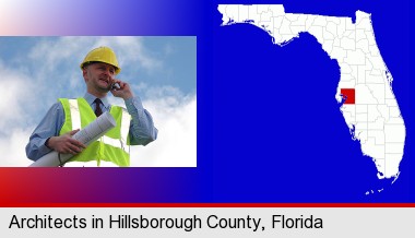 an architect with blueprints, conversing on a cellular phone; Hillsborough County highlighted in red on a map