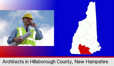 an architect with blueprints, conversing on a cellular phone; Hillsborough County highlighted in red on a map