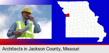 an architect with blueprints, conversing on a cellular phone; Jackson County highlighted in red on a map