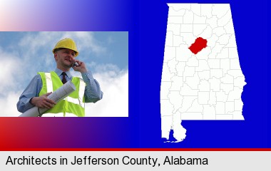 an architect with blueprints, conversing on a cellular phone; Jefferson County highlighted in red on a map