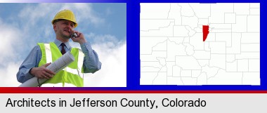 an architect with blueprints, conversing on a cellular phone; Jefferson County highlighted in red on a map