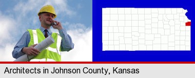 an architect with blueprints, conversing on a cellular phone; Johnson County highlighted in red on a map