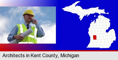 an architect with blueprints, conversing on a cellular phone; Kent County highlighted in red on a map