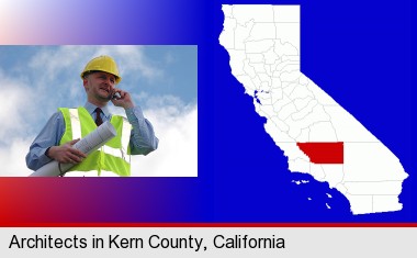 an architect with blueprints, conversing on a cellular phone; Kern County highlighted in red on a map