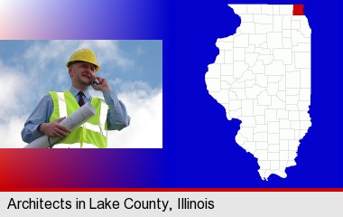 an architect with blueprints, conversing on a cellular phone; LaSalle County highlighted in red on a map