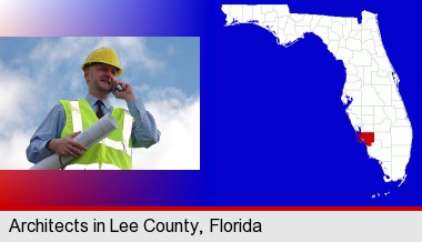 an architect with blueprints, conversing on a cellular phone; Lee County highlighted in red on a map