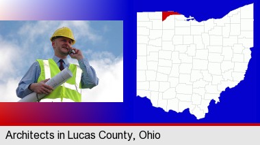 an architect with blueprints, conversing on a cellular phone; Lucas County highlighted in red on a map