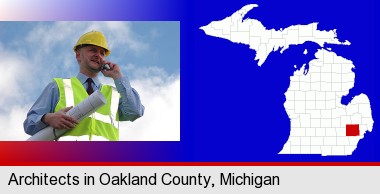 an architect with blueprints, conversing on a cellular phone; Oakland County highlighted in red on a map