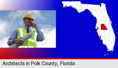 an architect with blueprints, conversing on a cellular phone; Polk County highlighted in red on a map
