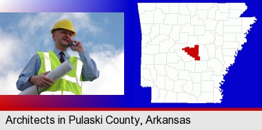 an architect with blueprints, conversing on a cellular phone; Pulaski County highlighted in red on a map