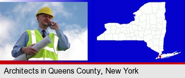 an architect with blueprints, conversing on a cellular phone; Queens County highlighted in red on a map