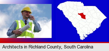 an architect with blueprints, conversing on a cellular phone; Richland County highlighted in red on a map