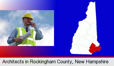 an architect with blueprints, conversing on a cellular phone; Rockingham County highlighted in red on a map