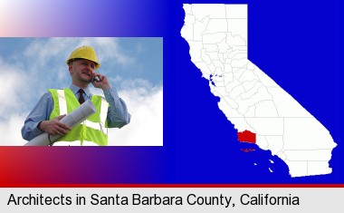 an architect with blueprints, conversing on a cellular phone; Santa Barbara County highlighted in red on a map