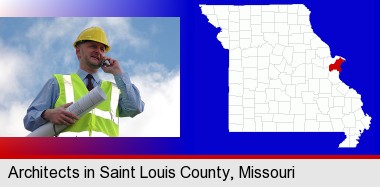 an architect with blueprints, conversing on a cellular phone; St Francois County highlighted in red on a map