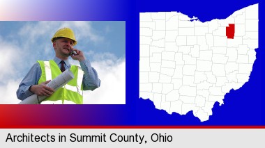 an architect with blueprints, conversing on a cellular phone; Summit County highlighted in red on a map