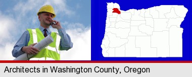 an architect with blueprints, conversing on a cellular phone; Washington County highlighted in red on a map