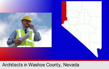 an architect with blueprints, conversing on a cellular phone; Washoe County highlighted in red on a map