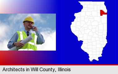 an architect with blueprints, conversing on a cellular phone; Will County highlighted in red on a map