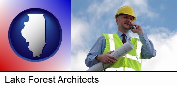 an architect with blueprints, conversing on a cellular phone in Lake Forest, IL
